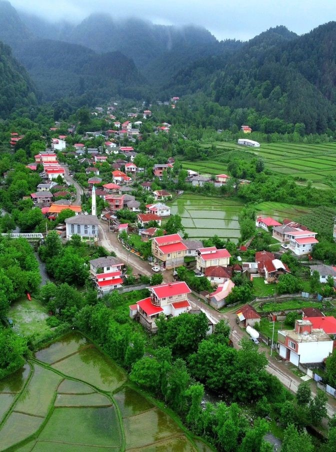 نمای هوایی از یک روستای سرسبز در شمال ایران با خانه‌های سقف قرمز و مزارع پلکانی