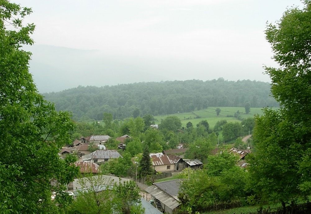 نمای هوایی از یک روستای کوچک و سرسبز در دامنه کوه‌های شمال ایران