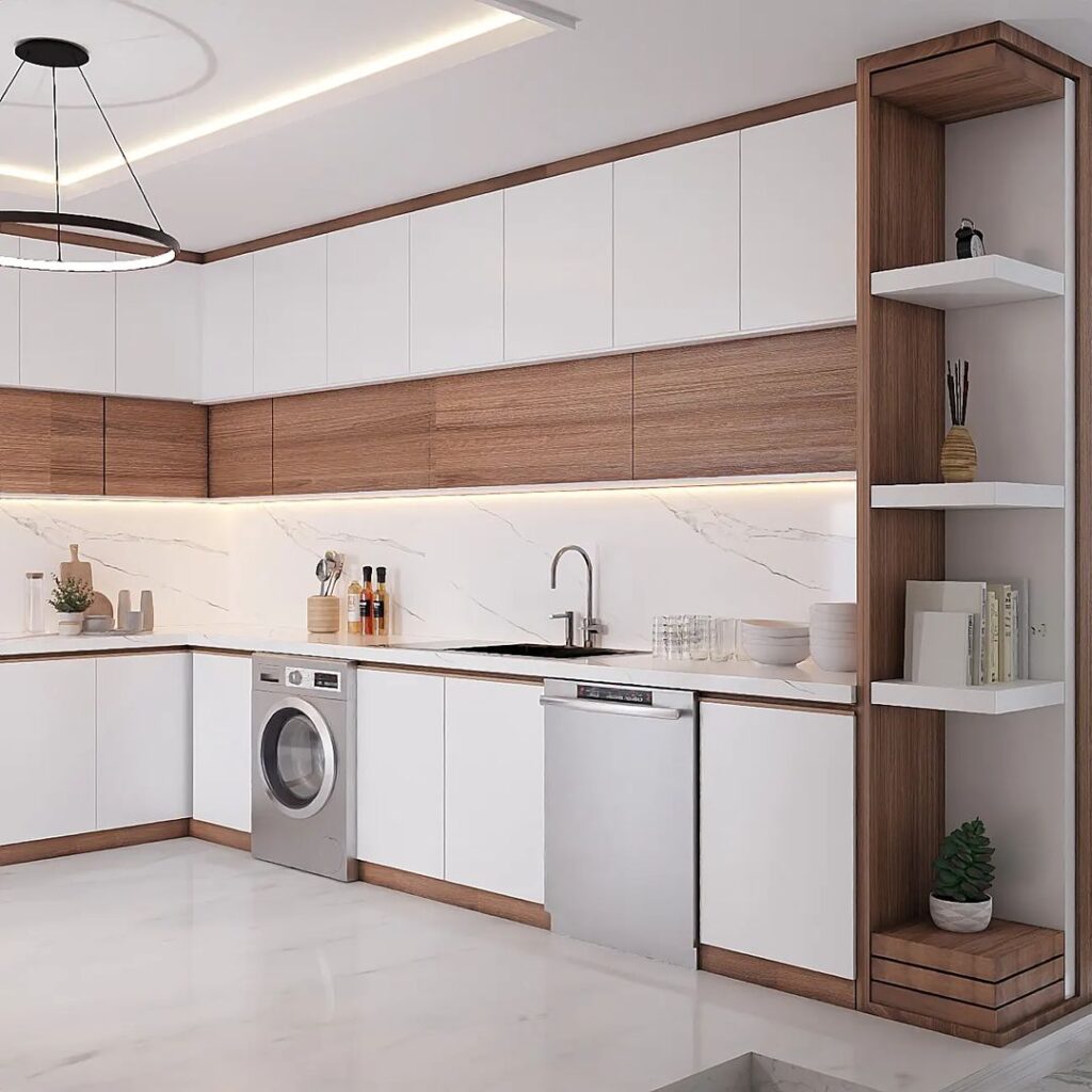 کابینت آشپزخانه مدرن سفید و چوبی