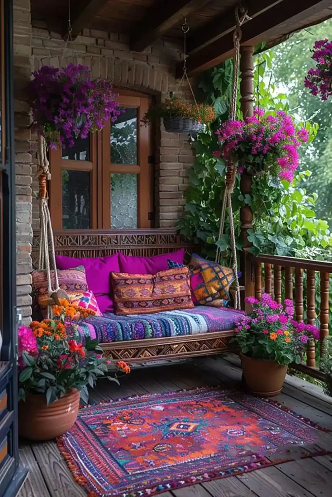ایوان دنج با یک تخت آویز چوبی با تشک و کوسنهای رنگارنگ، فرش سنتی با طرحهای پیچیده