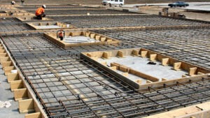فونداسیون ساختمان، طراحی فونداسیون، اجرای فونداسیون - نمایی نزدیک از یک سایت ساختمانی در فرانسه با شبکه‌ای از میلگردهای فولادی
