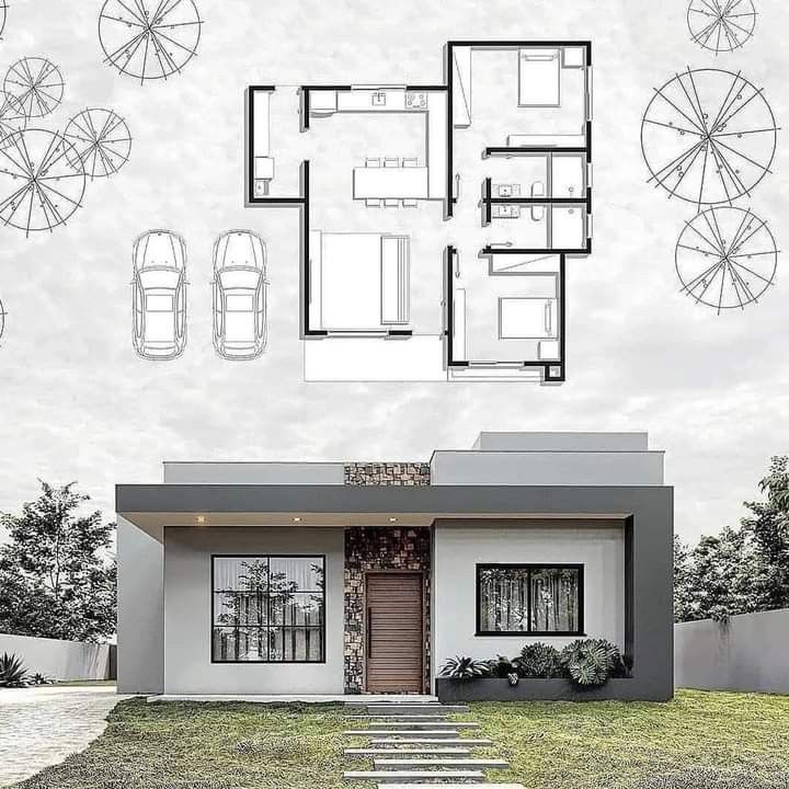رندر یک ویلای فلت مدرن با نمای خاکستری و سنگ طبیعی، همراه با پلان طبقه و طرح‌های دایره‌ای و اتومبیل‌ها در پس‌زمینه