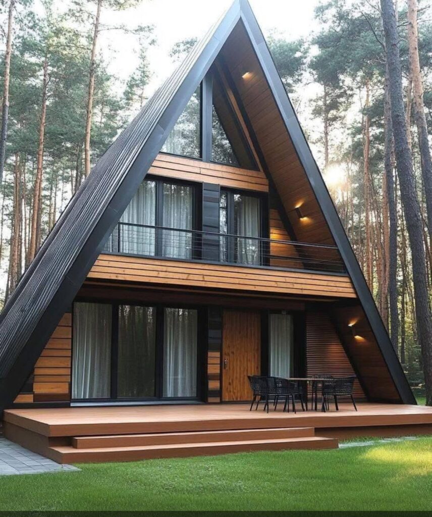 کلبه مدرن A-Frame در دل جنگل کاج با نمای چوبی و فلزی، تراس وسیع و بالکن