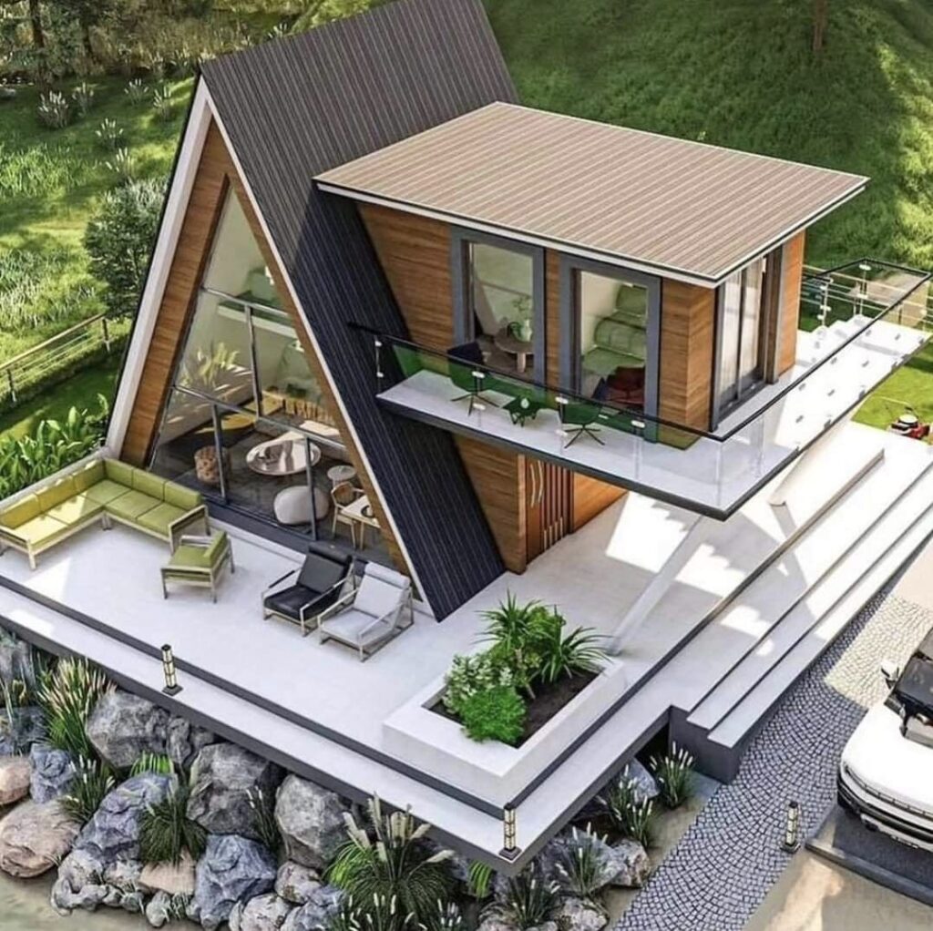 کلبه A-Frame مدرن با تراسهای وسیع و طراحی چشمنواز در دامنه تپه