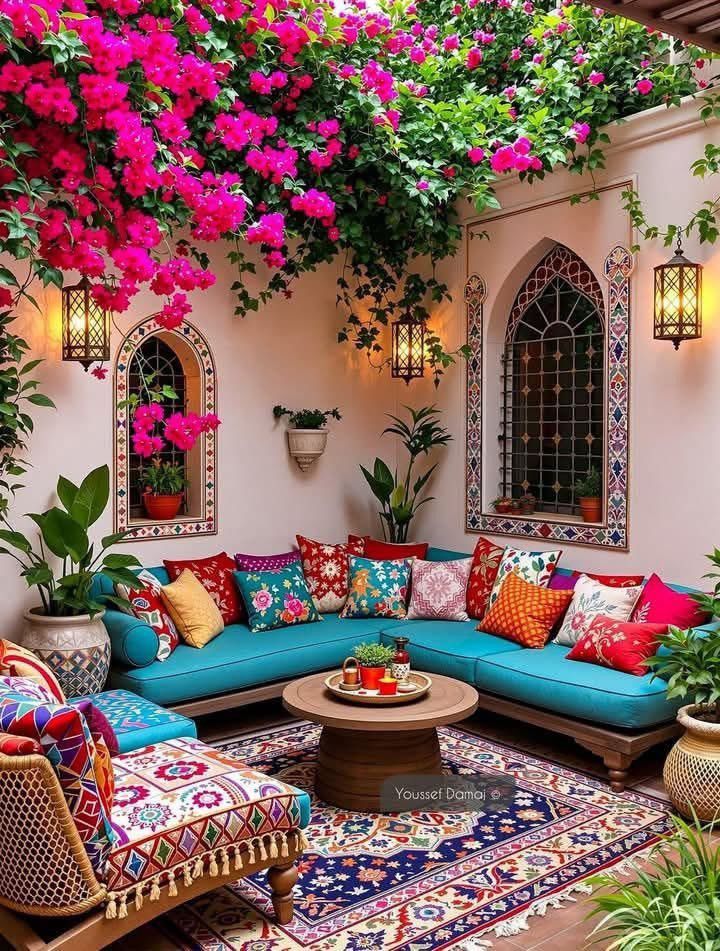 تصویری از یک حیاط یا فضای نشیمن بیرونی به سبک بوهو-مراکشی، مملو از رنگ و گیاهان. دیوارهای سفید با طاقچهها و پنجرههای قوسی شکل با طرحهای هندسی تزیین شدهاند
