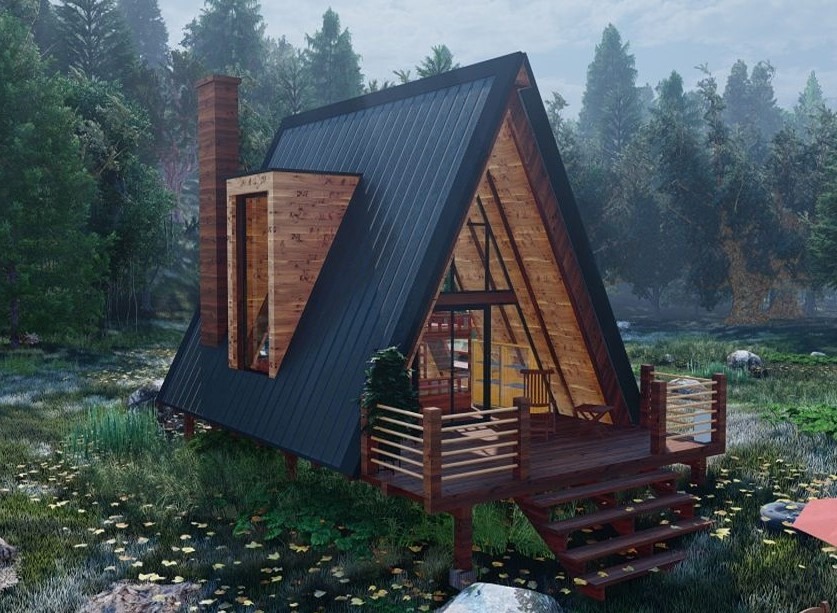 کلبه مدرن A-Frame با سقف فلزی تیره، نمای چوبی، دودکش برجسته و بالکن مرتفع در میان درختان