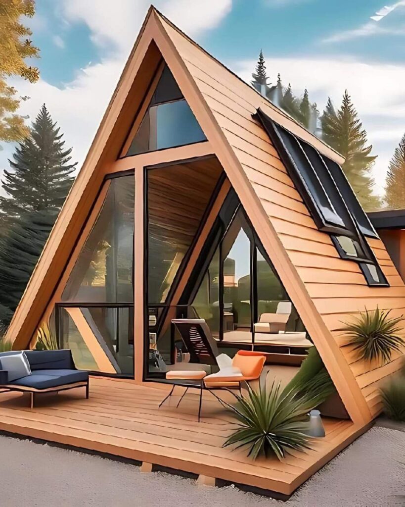 کلبه مدرن A-Frame با نمای چوبی روشن، پنجرههای سرتاسری بزرگ، تراس چوبی وسیع و مبلمان فضای باز در محیطی طبیعی