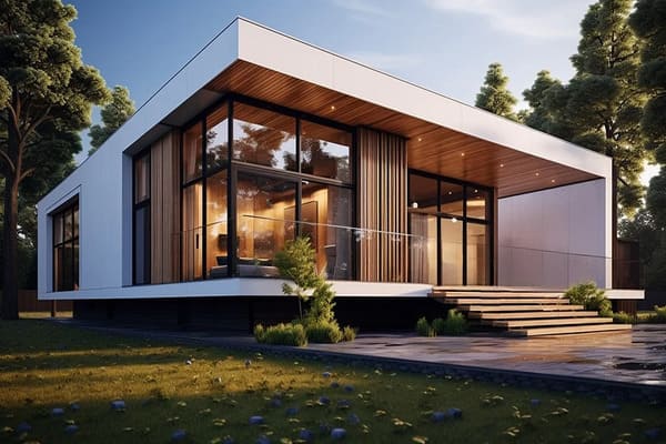 تصویری از نمای بیرونی یک ویلای فلت بسیار مدرن در روز، با فرم جعبهای سفید و سقف تخت