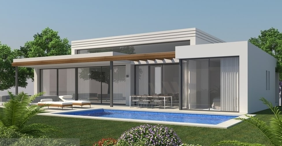 تصویری از نمای خارجی یک ویلای فلت مدرن در کنار استخر در روز آفتابی. ویلا دارای نمای سفید، سقفهای تخت، شیشههای بزرگ کشویی، و یک پرگولای چوبی است