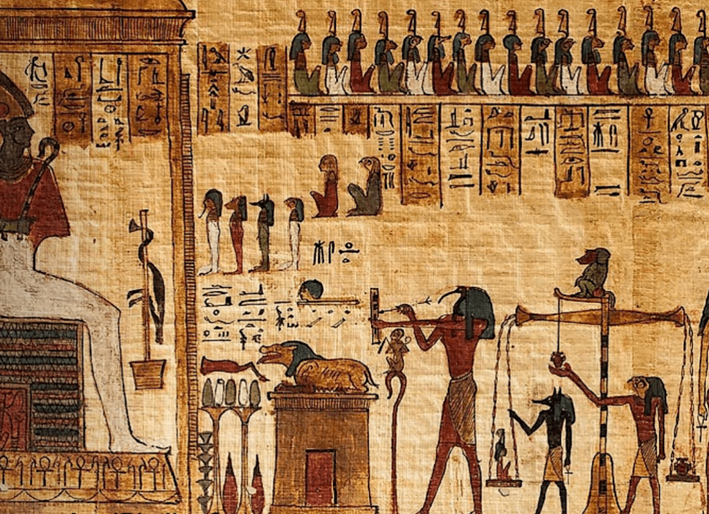 کاغذ دیواری با طرح پاپیروس مصر باستان و هیروگلیفها به عنوان دیوار پوش با تم تاریخی در یک طراحی داخلی مدرن