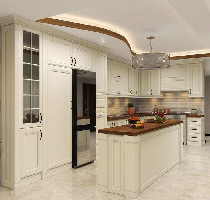 رندر سه بعدی یک آشپزخانه با سبک کلاسیک یا شیکر به رنگ سفید کرم، با جزیره چوبی و سقف کاذب منحنی شکل که نورپردازی مخفی و یک لوستر آویز دارد