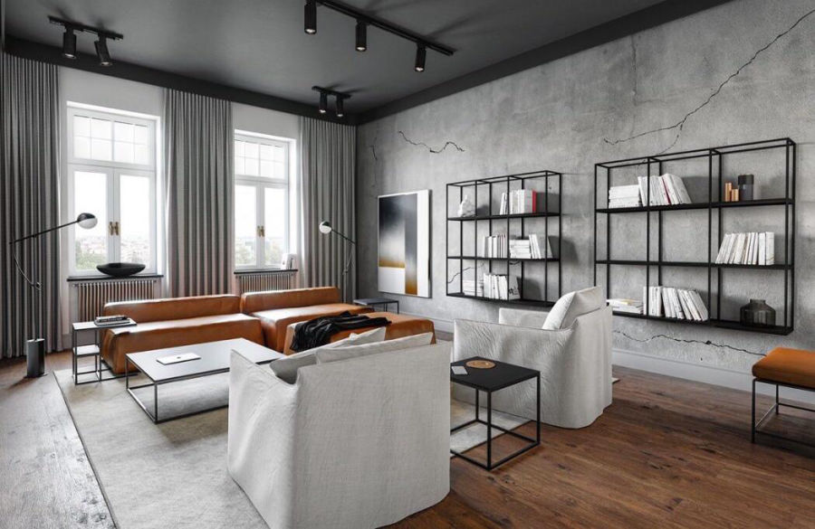 دکوراسیون داخلی مدرن مینیمال با سقف تیره (مشکی/ذغالی) و نورپردازی ریلی، دیوار طرح بتنی، مبلمان چرم عسلی و سفید