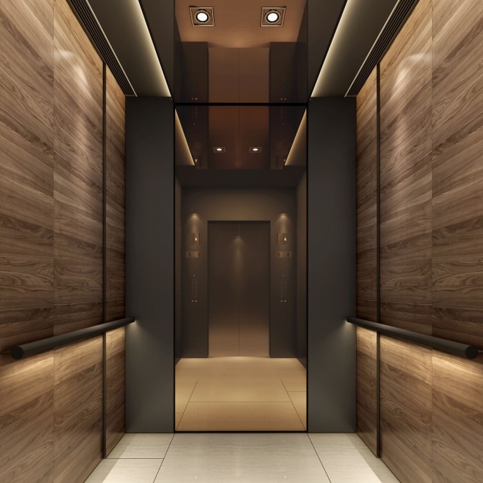 کابین آسانسور لوکس با دیواره‌های چوبی به رنگ قهوه‌ای تیره و رگه‌های طبیعی، نورپردازی مخفی و گرم، سقف آینه‌ای با چراغ‌های هالوژن، و درب آسانسور فلزی به رنگ خاکستری تیره یا برنزی. طراحی داخلی مدرن و شیک با استفاده از متریال‌های با کیفیت