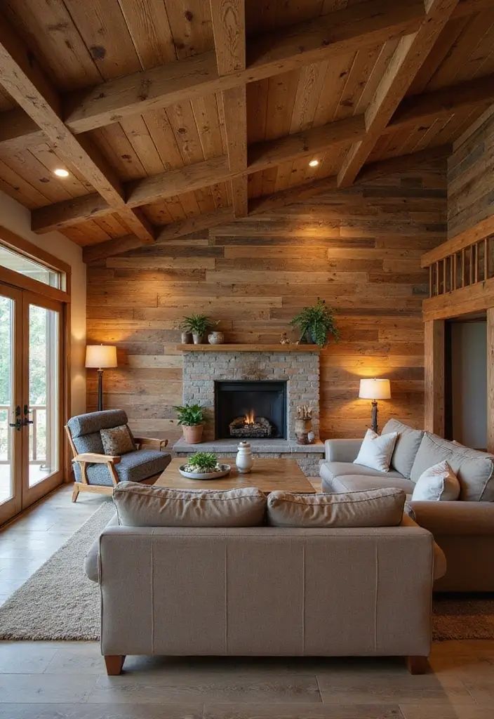 یک اتاق نشیمن دنج به سبک روستایی یا کاتانژ با سقف بلند چوبی تیردار و دیوار پوشیده شده با چوب‌های افقی