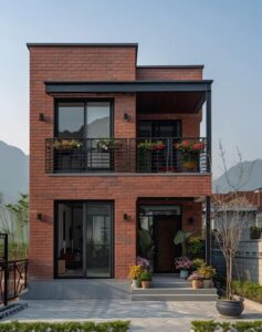 نمای آجری ساختمان - طراحی نمای آجری - آجرنما - آجر نسوز قرمز، ترکیب فلز مشکی و شیشه، طراحی نمای آجری دو طبقه با بالکن و باغچه