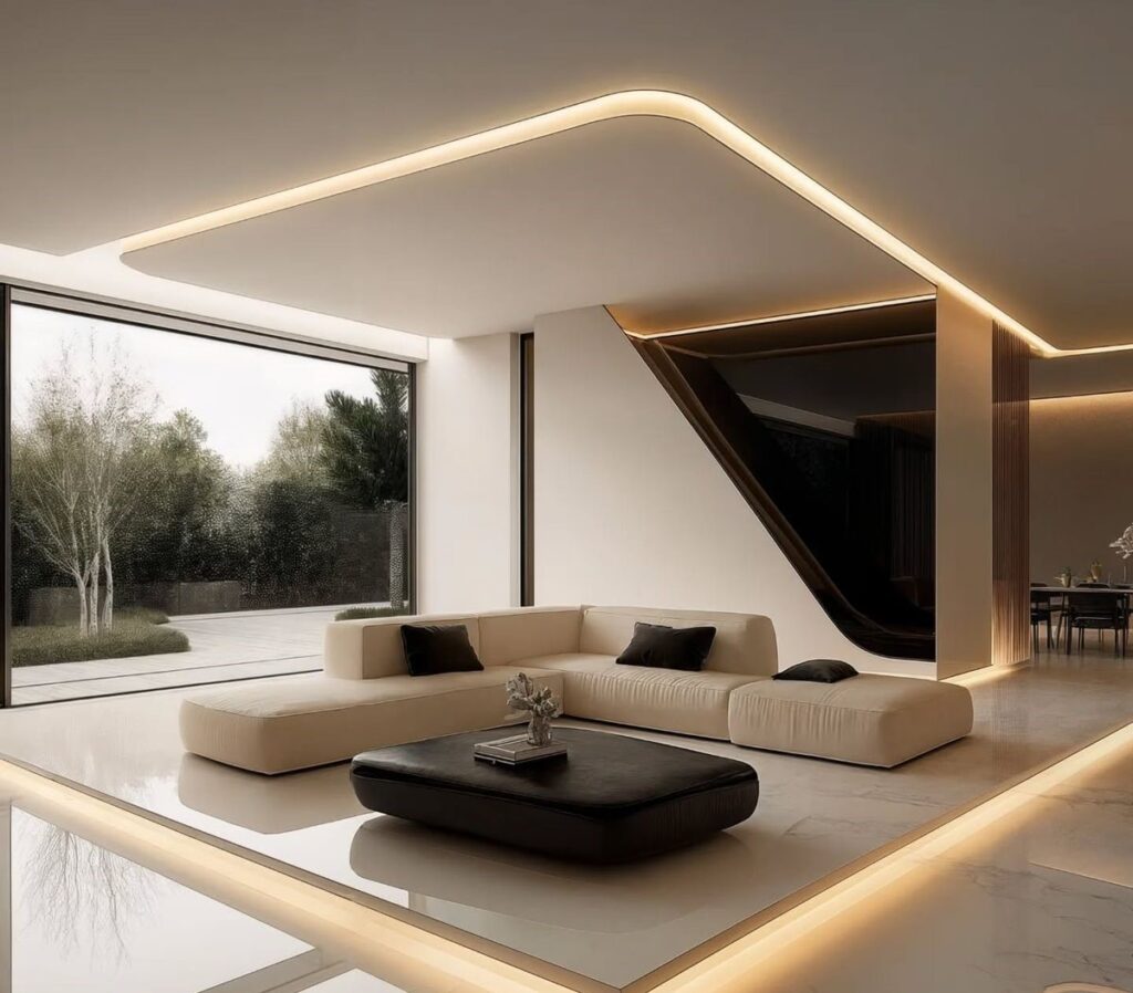 رندر سه بعدی یک فضای پذیرایی لوکس و مینیمال با پنجره بزرگ، مبلمان کرم رنگ و سقف کاذب با لبه‌های گرد و نورپردازی مخفی (نورپردازی کفی و سقفی)