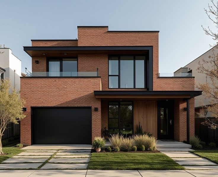نمای آجری ساختمان - طراحی نمای آجری - آجرنما - آجر نسوز قرمز، ترمووود و فریم‌های مشکی، طراحی نمای آجری با گاراژ و فضای سبز مینیمال