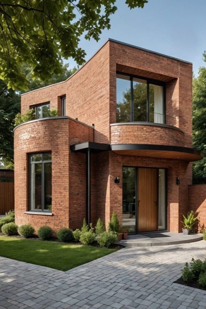 نمای آجری مدرن و لوکس یک خانه مسکونی با تلفیق فرم‌های منحنی و خطوط صاف، استفاده از آجر قرمز تیره‌ با بندکشی هم‌رنگ و درب ورودی چوبی