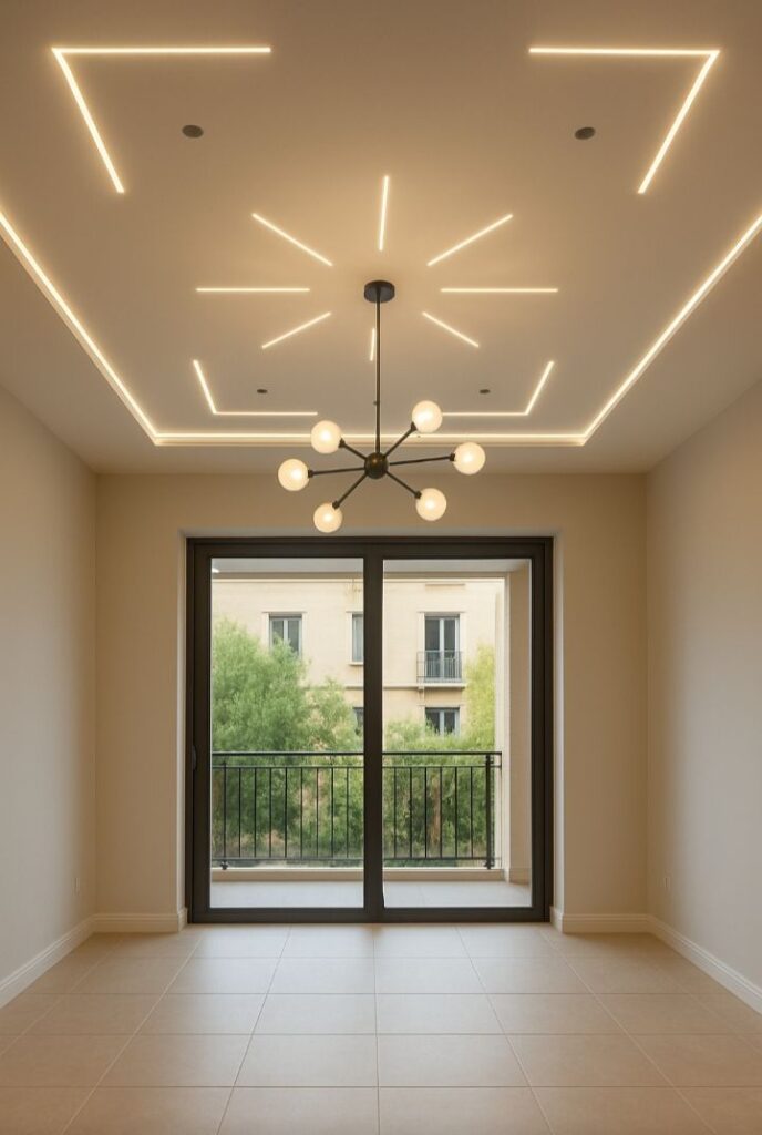 سقف پذیرایی یا اتاق نشیمن با نورپردازی خطی LED طرح‌دار، لوستر مولکولی مدرن و کفپوش کرم رنگ