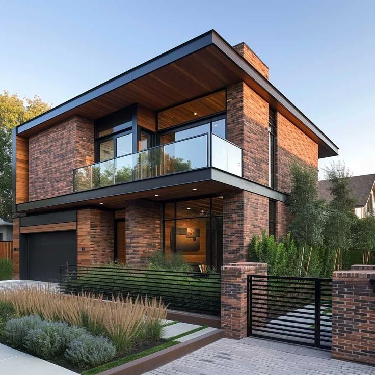 نمای لوکس یک خانه دو طبقه با سبک مدرن، ترکیب متریال آجرهای رنگ تیره، چوب طبیعی در سقف‌ها و پوشش‌های جانبی، بالکن شیشه‌ای با نرده‌های بدون فریم، گاراژ مشکی و لنداسکیپ (فضای سبز) زیبا و کنترل‌شده