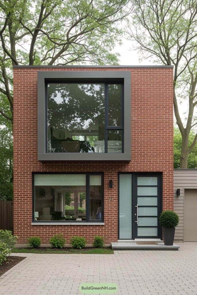 نمای آجری مدرن یک ساختمان مسکونی مکعبی شکل، با تمرکز بر سادگی، پنجره‌های بزرگ و فریم‌های برجسته و تیره