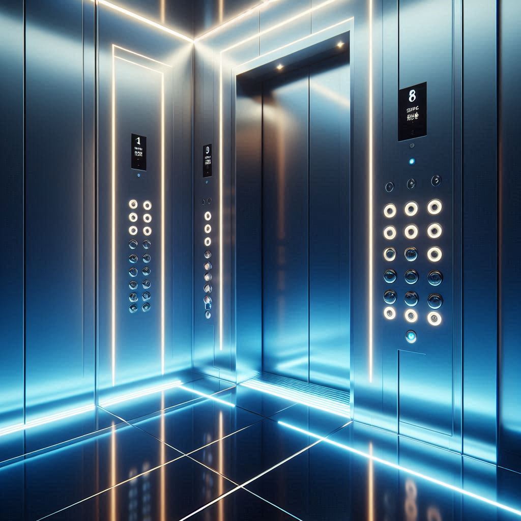 کابین آسانسور با تم سایبرپانک یا تکنولوژی بالا. دیواره‌های کابین از جنس فولاد ضدزنگ براق