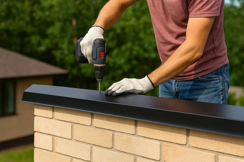 نصب فلاشینگ (درپوش فلزی) توسط کارگر بر روی دیواره جانپناه سقف (پیت دیل) با استفاده از دریل پیچگوشتی