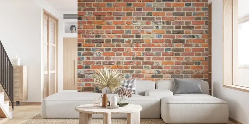 دکوراسیون داخلی مینیمال با دیوار آجر رستیک چندرنگ، مبل سفید راحتی و پله‌های چوبی روشن