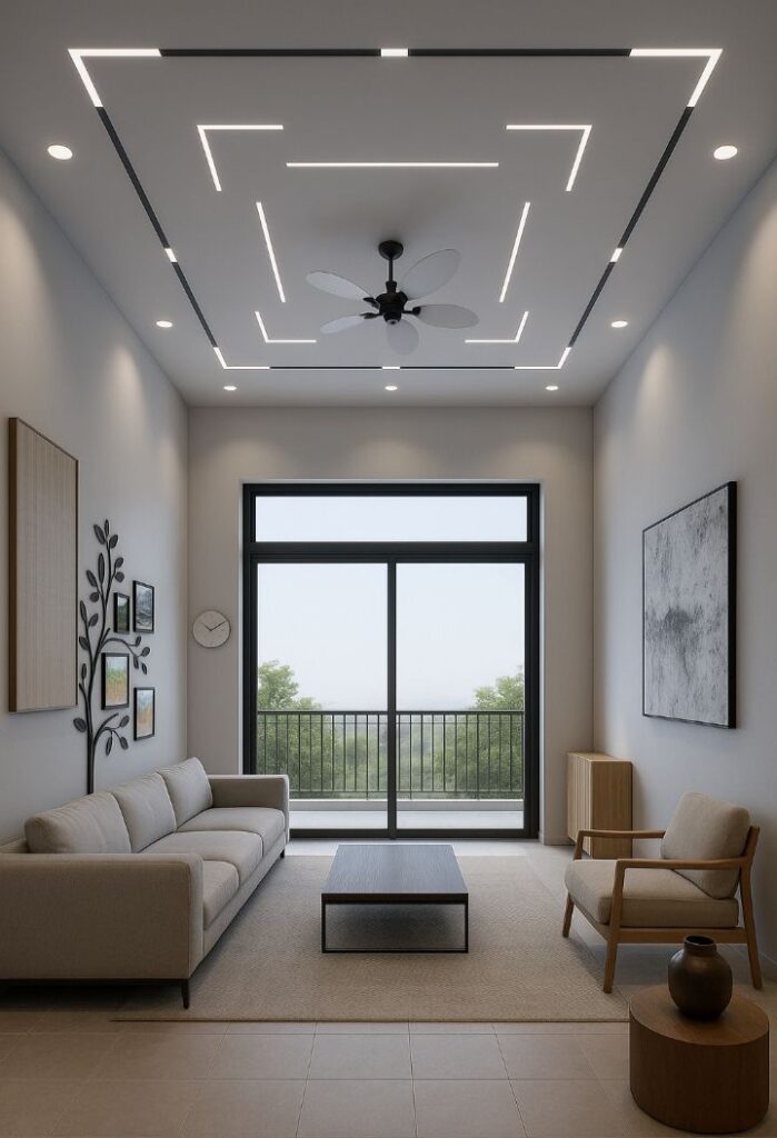 طراحی داخلی سقف پذیرایی مینیمال با نورپردازی خطی شبکه‌ای، فن سقفی و نورپردازی کانونی توکار