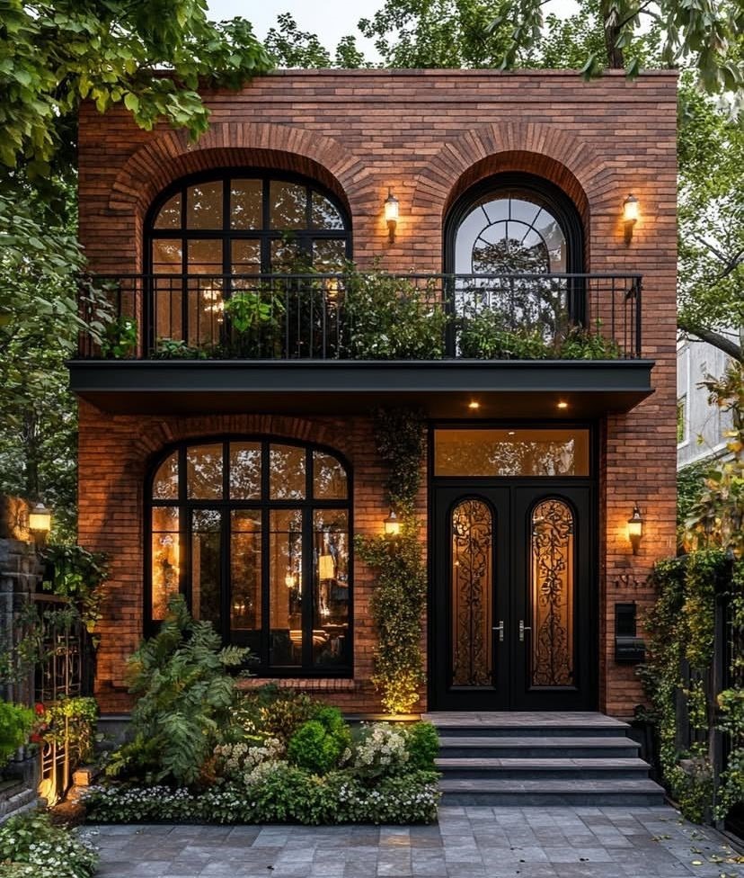 نمای آجری ساختمان کلاسیک با پنجره‌های قوسی بزرگ، آجرنمای قرمز تیره و درب ورودی فرفورژه، طراحی نمای آجری با نورپردازی گرم