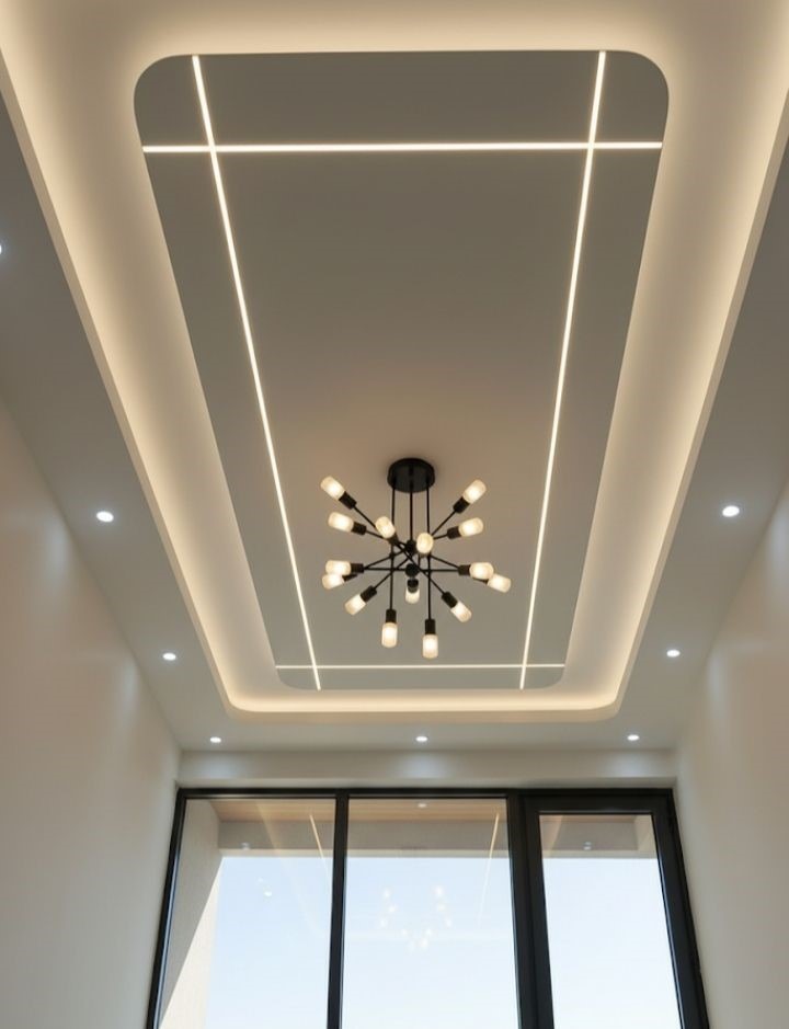 سقف پذیرایی یا راهرو بلند با نورپردازی خطی LED، باکس کناف مستطیلی با گوشه‌های گرد و لوستر شاخه‌ای مدرن
