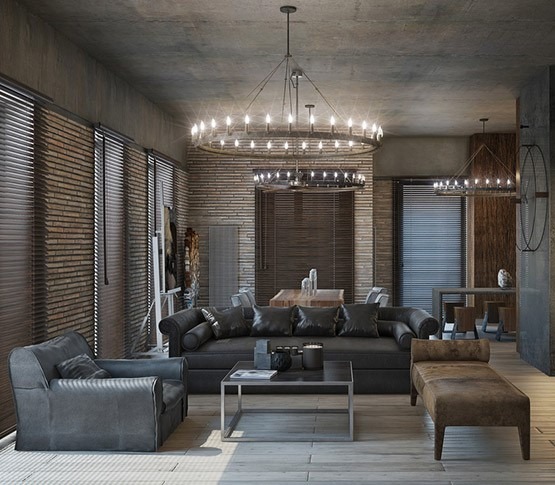 دکوراسیون داخلی لوفت و صنعتی با سقف بتنی، دیوار آجری، مبلمان چرمی تیره و لوستر بزرگ فلزی