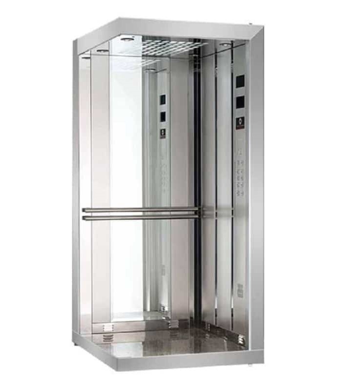 کابین آسانسور شیشه‌ای و استیل با طراحی مکعبی (تراس)، دیواره‌های شیشه‌ای شفاف، پنل‌های استیل آینه‌ای و دستگیره‌های دوگانه افقی