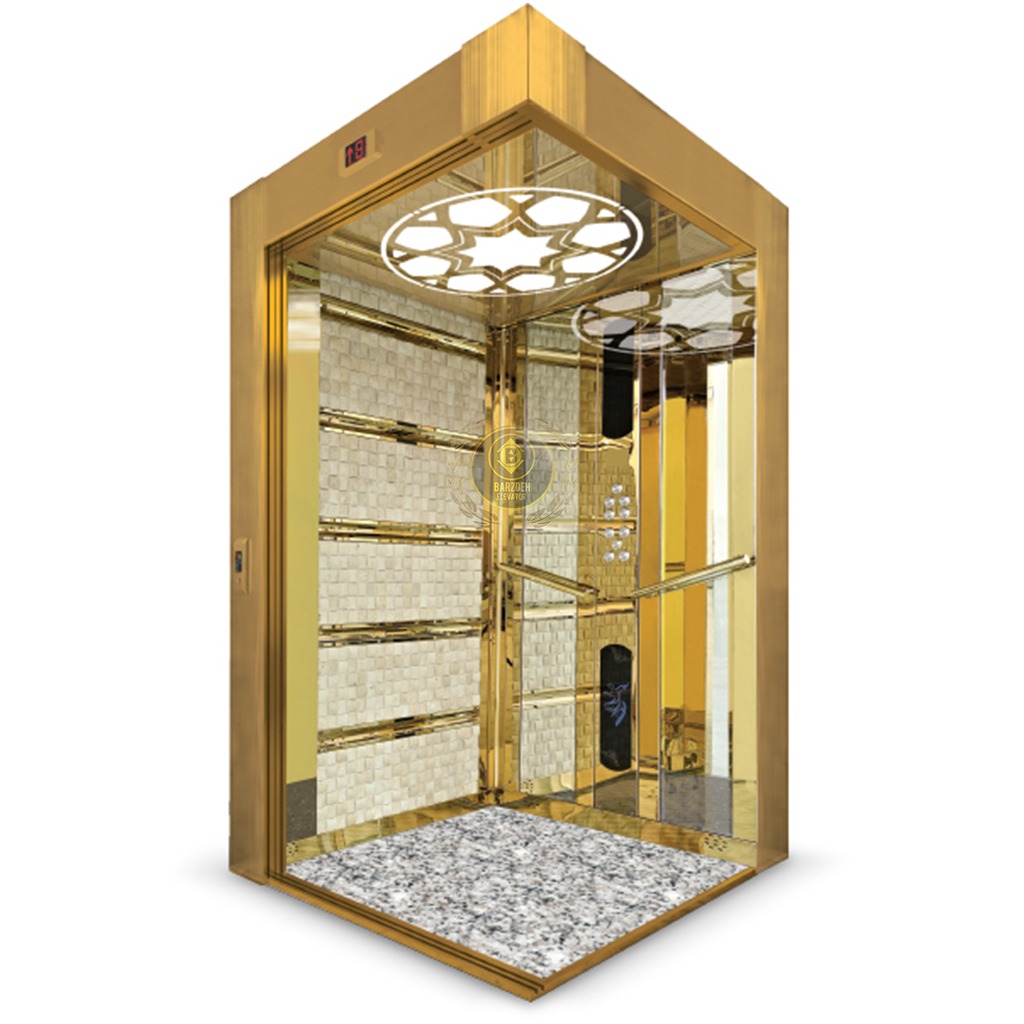کابین آسانسور مجلل تماماً طلایی (تیتانیوم گلد) با دیوارهای کاشی موزاییکی کرم/سفید، سقف نورپردازی شده با طرح اسلیمی و کفپوش سنگی (گرانیت)