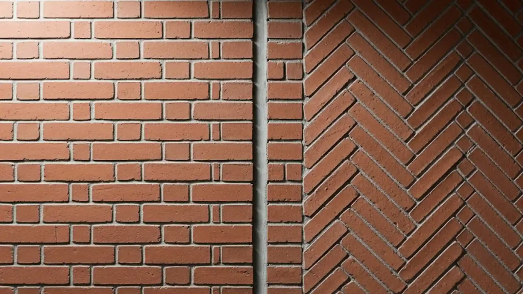مقایسه دو الگوی آجرچینی: الگوی راندم (Stretcher Bond) و الگوی جناغی (Herringbone) با آجرنمای قرمز